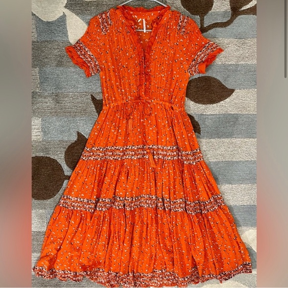 Free People Rare Feeling Tiered Boho Midi Dress w Pintucks & Tassel Waist Tie. - Picture 3 of 6